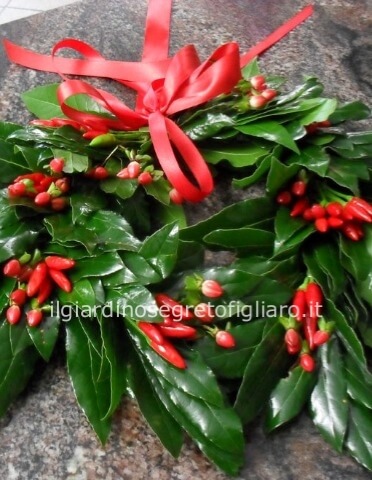 Coroncina di alloro con peperoncini rossi